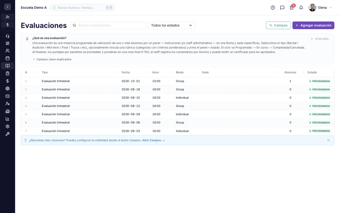 La pantalla Evaluaciones en alinaflow
