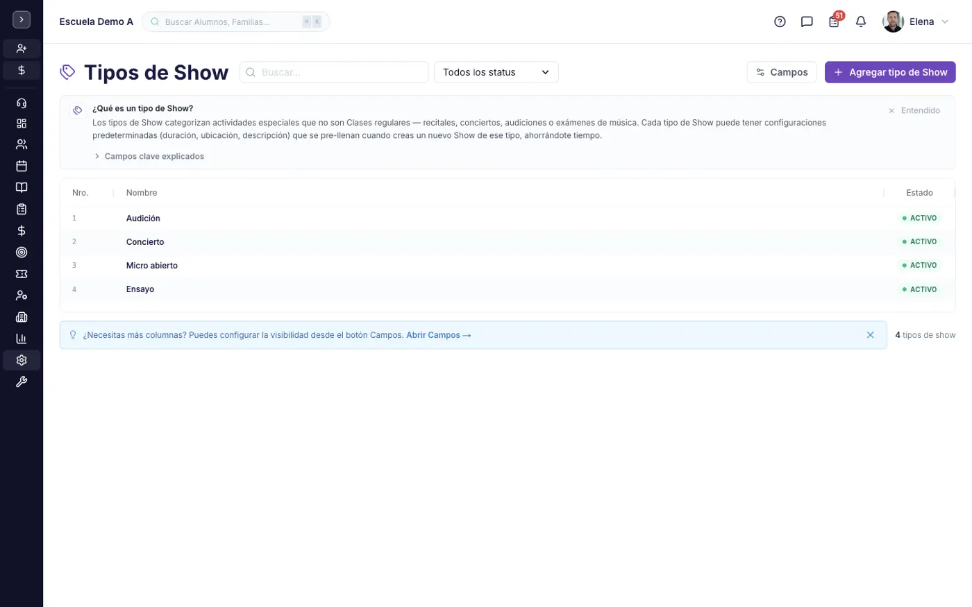La pantalla Tipos de Show en alinaflow