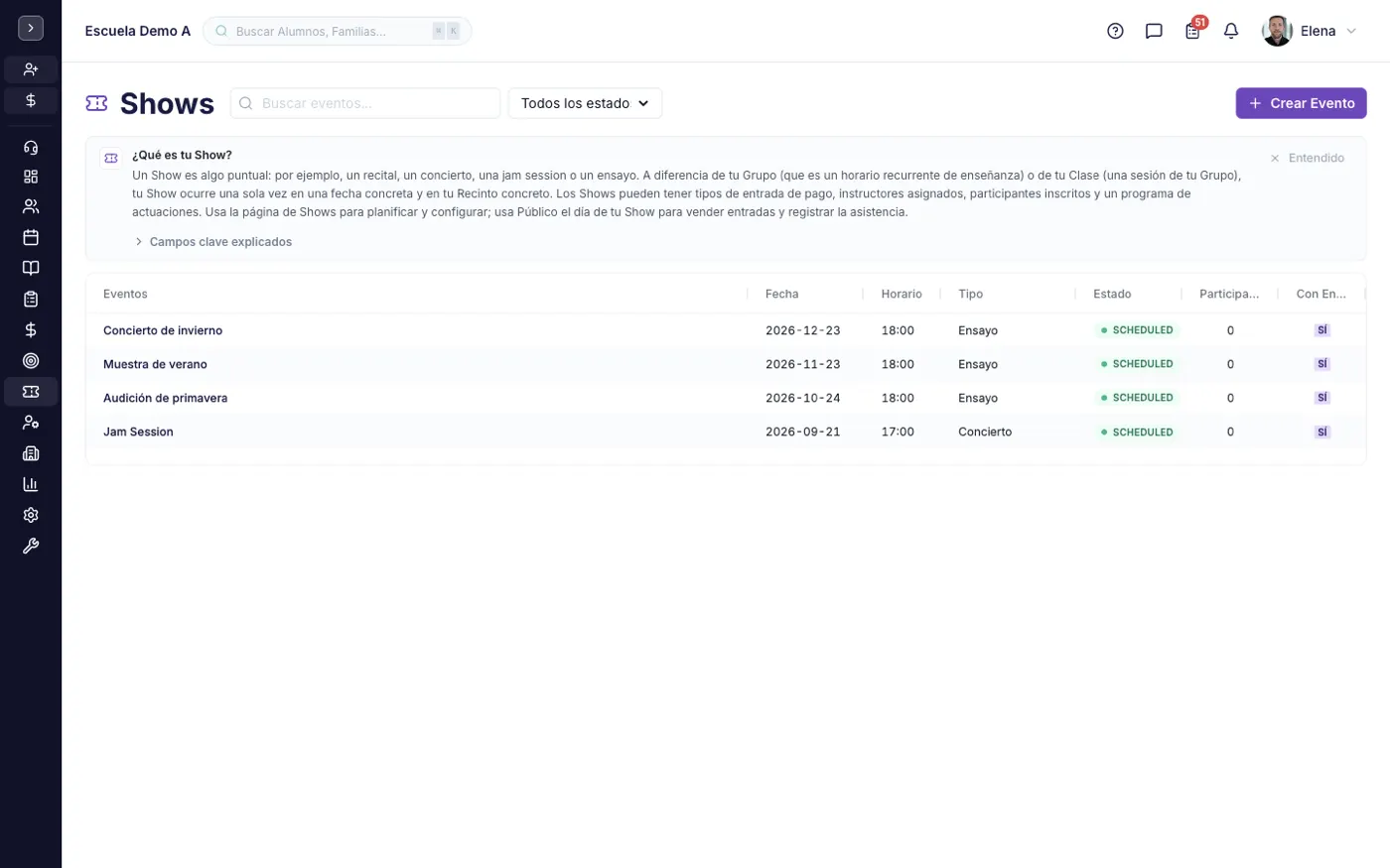 La pantalla Shows en alinaflow