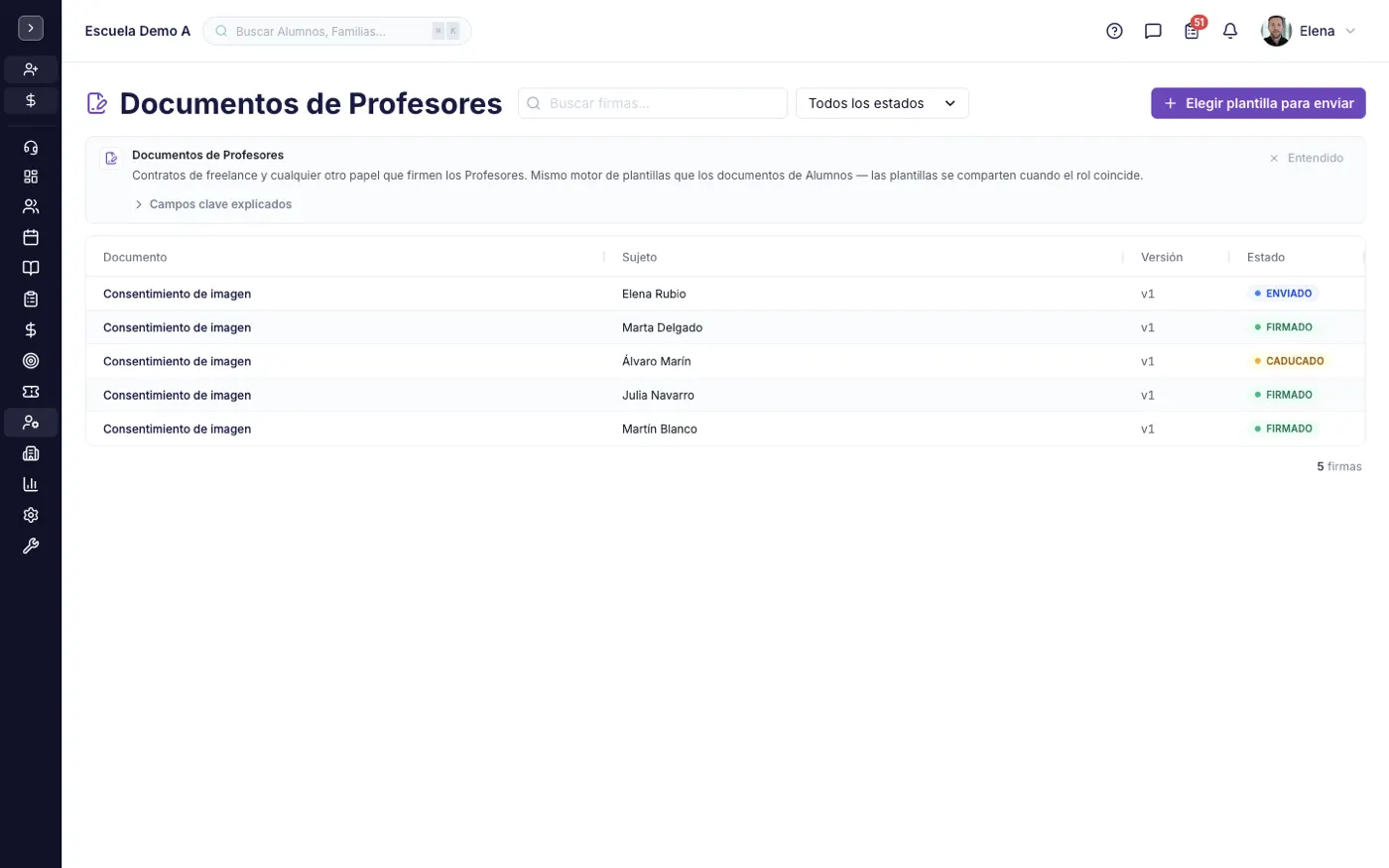 La pantalla Documentos de Profesores en alinaflow