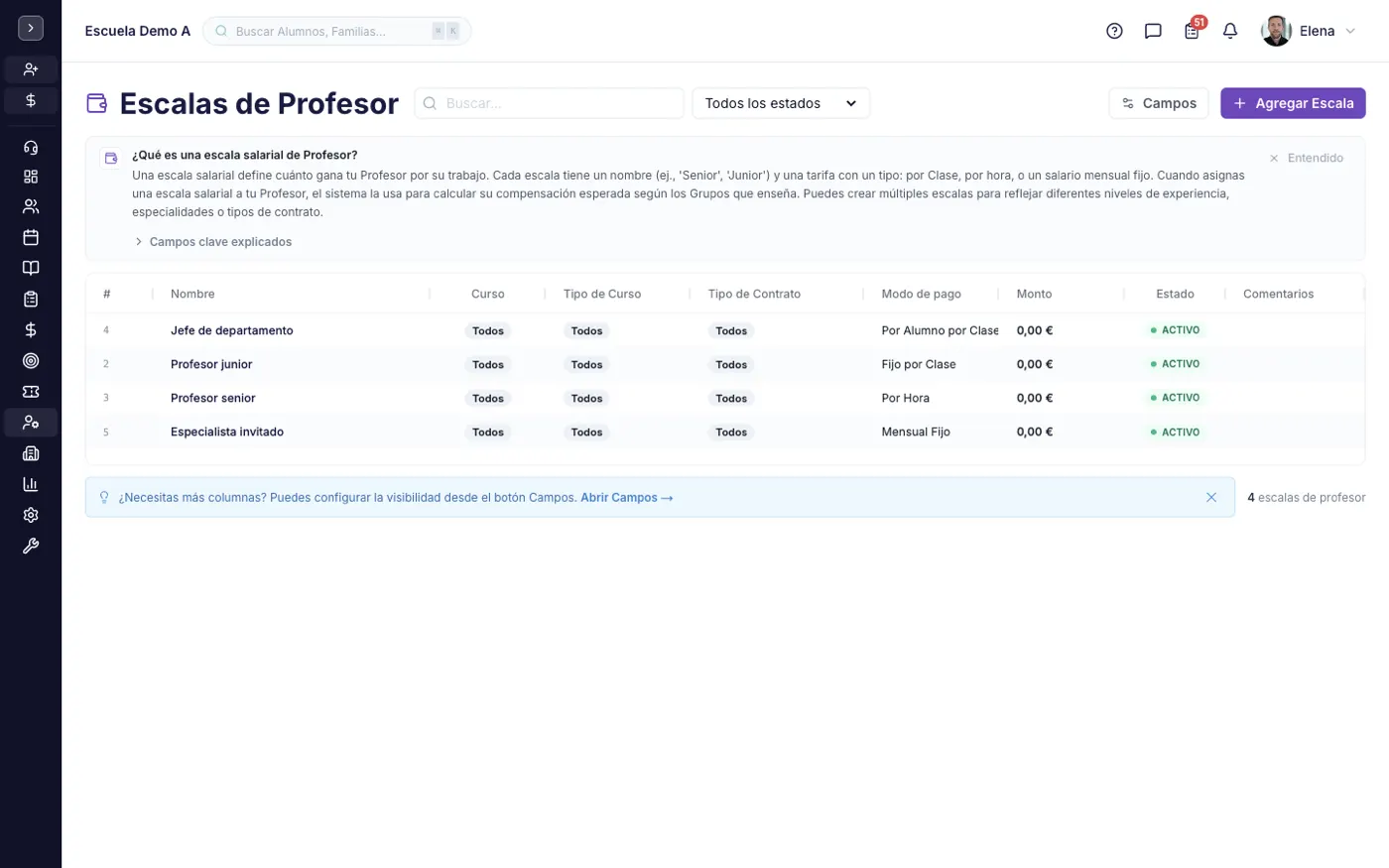 La pantalla Escalas de Profesor en alinaflow
