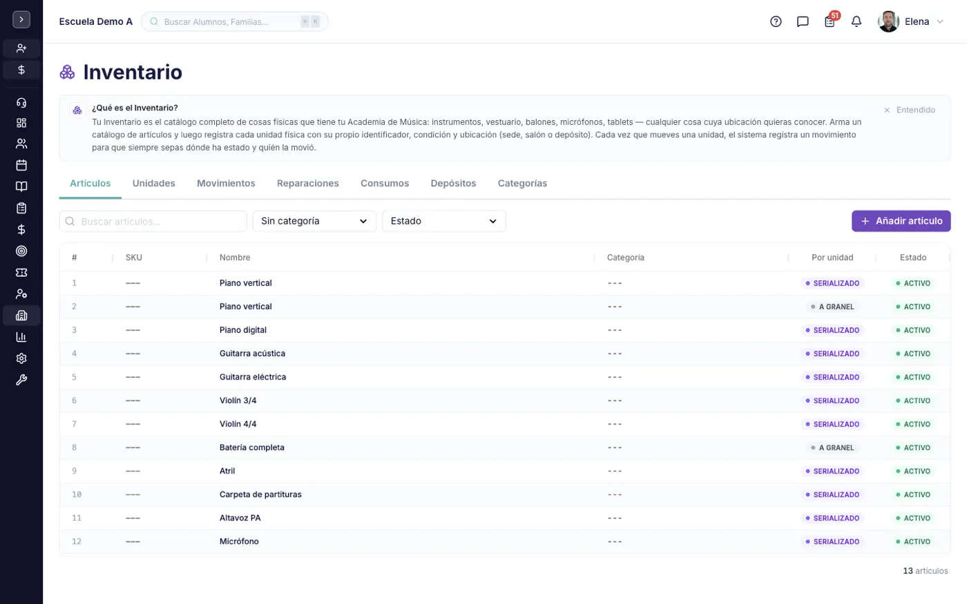 La pantalla Inventario en alinaflow