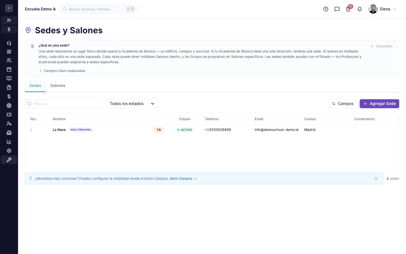 La pantalla Sedes y Salones en alinaflow