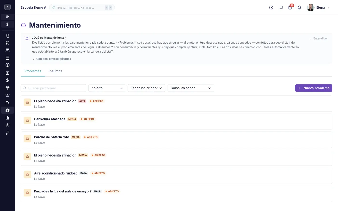 La pantalla Mantenimiento en alinaflow