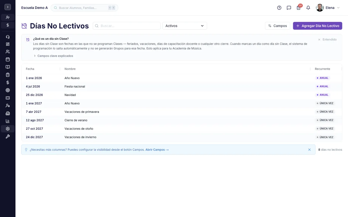 La pantalla Días No Lectivos en alinaflow