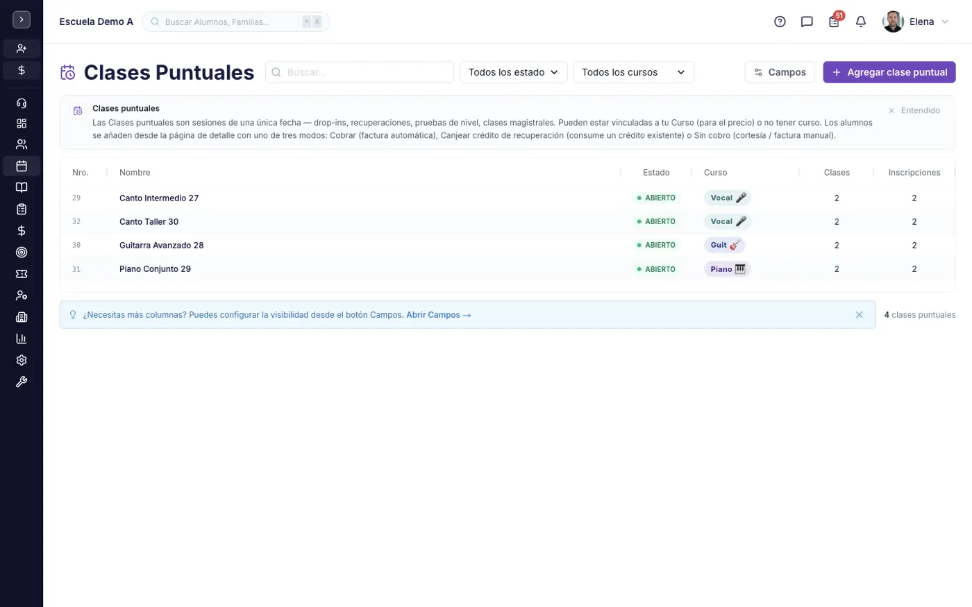 La pantalla Clases Puntuales en alinaflow