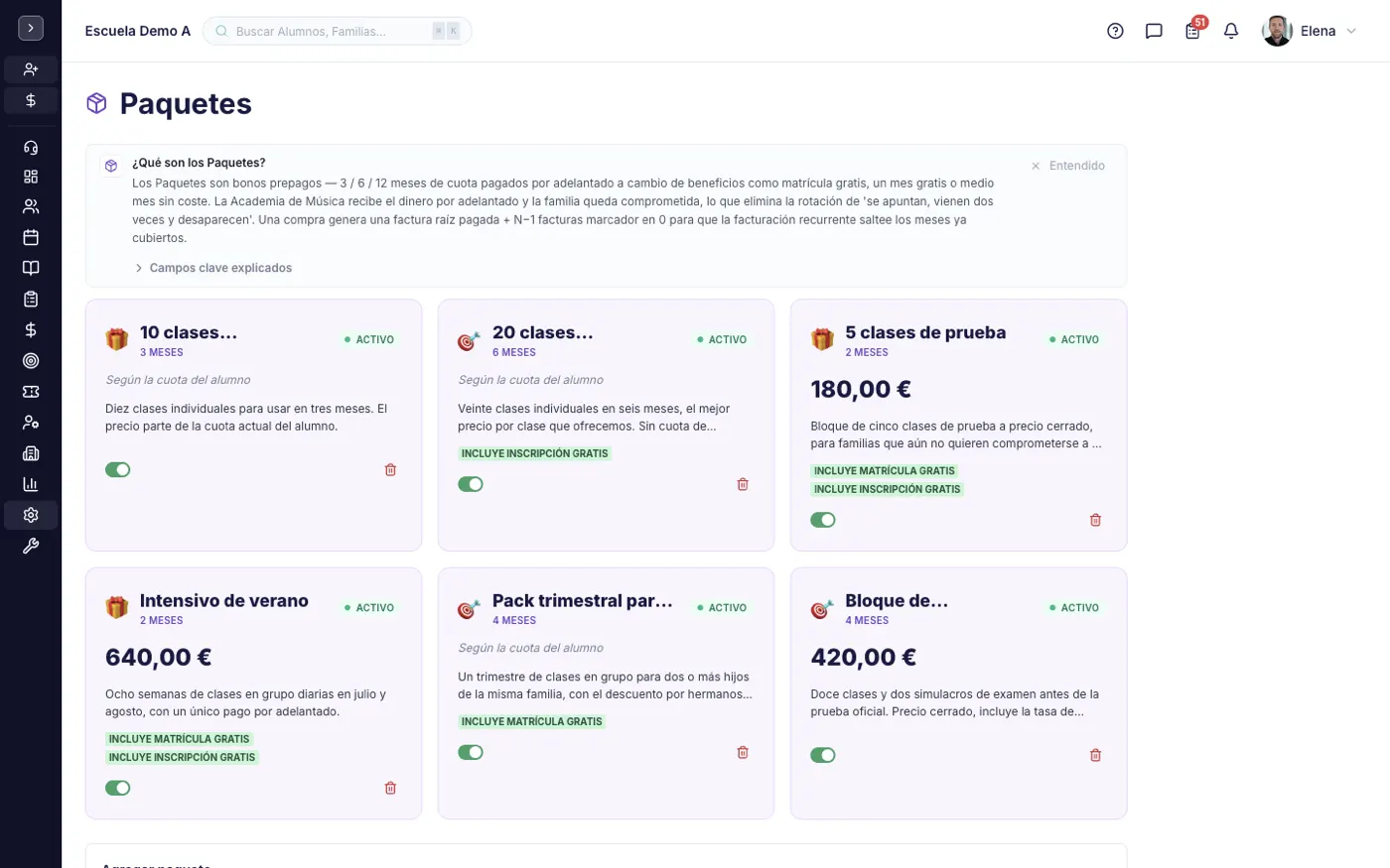 La pantalla Paquetes en alinaflow