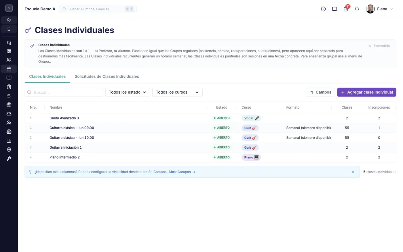 La pantalla Clases Individuales en alinaflow