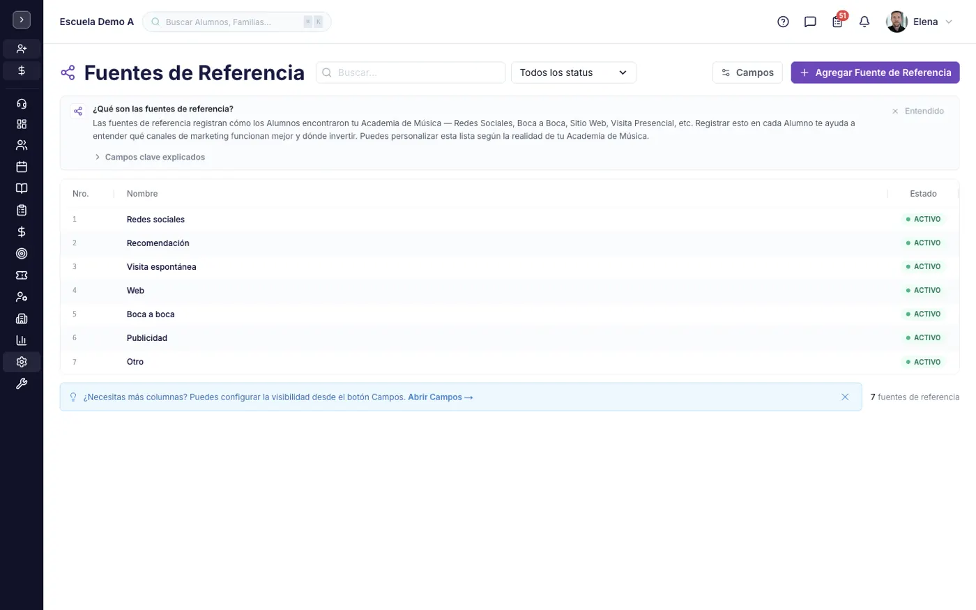La pantalla Fuentes de Referencia en alinaflow