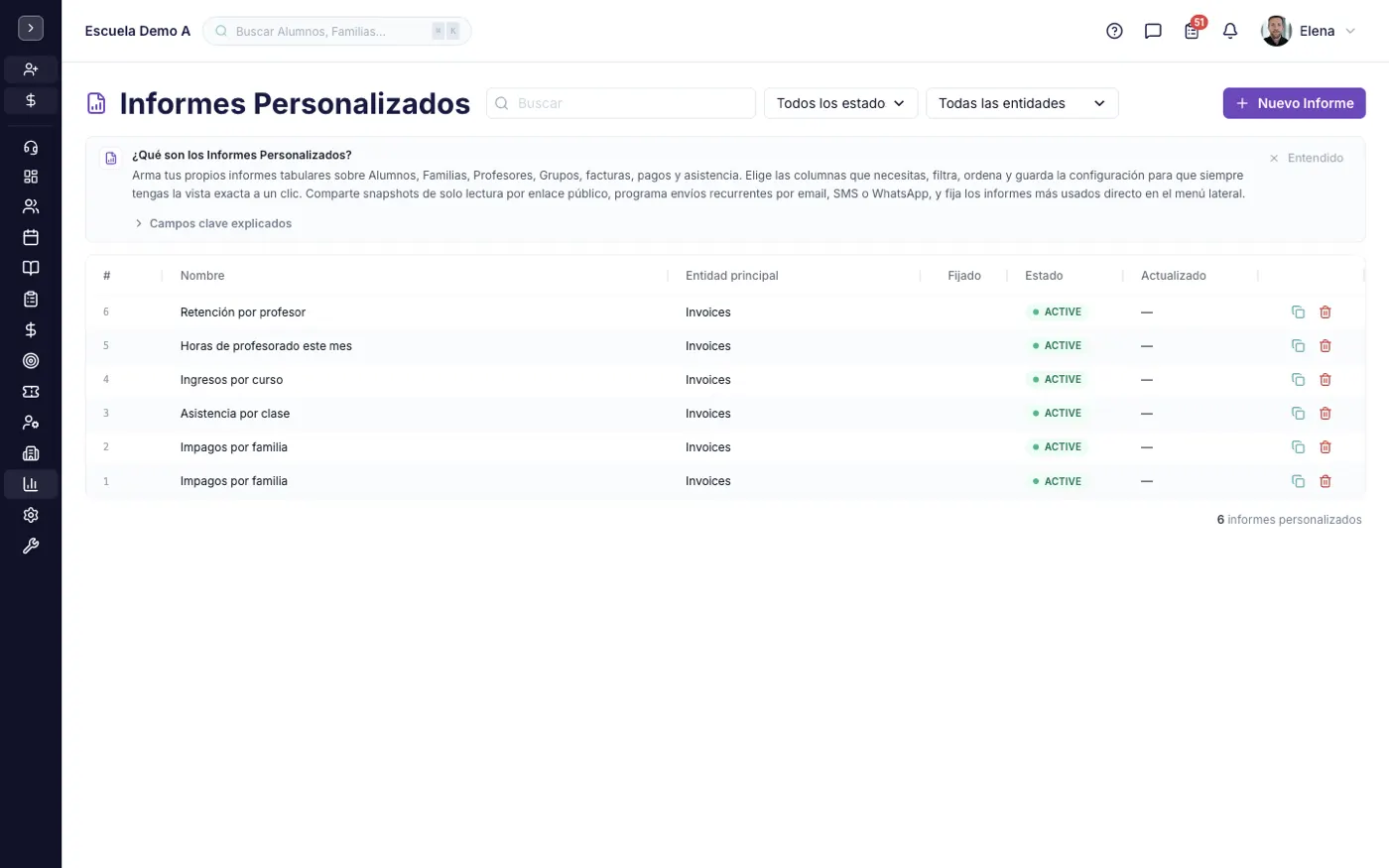 La pantalla Informes Personalizados en alinaflow