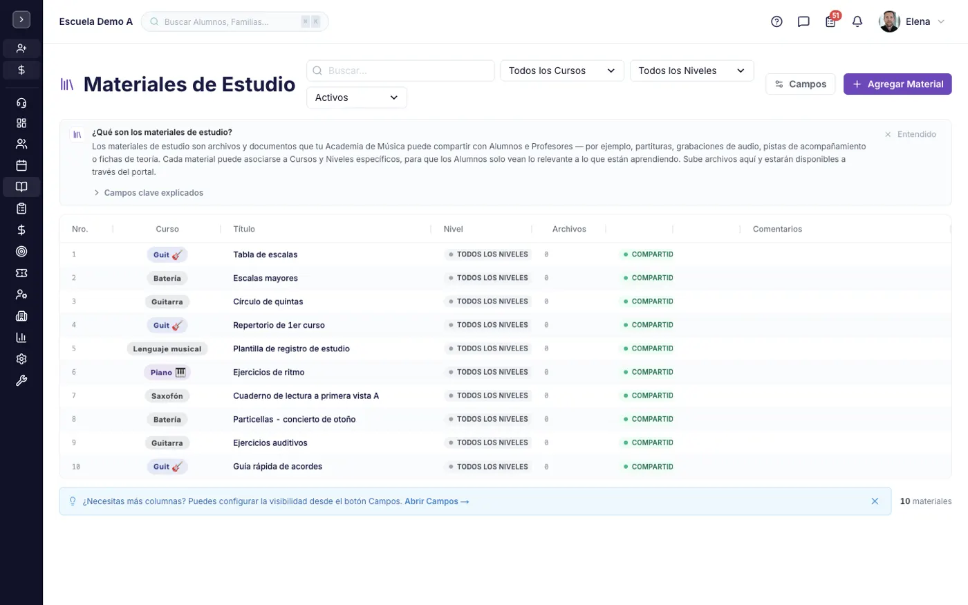 La pantalla Materiales de Estudio en alinaflow