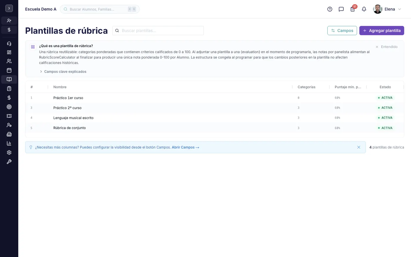 La pantalla Plantillas de rúbrica en alinaflow