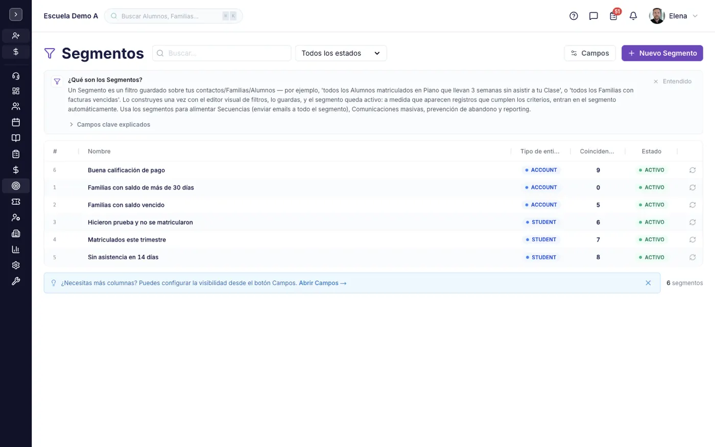 La pantalla Segmentos en alinaflow