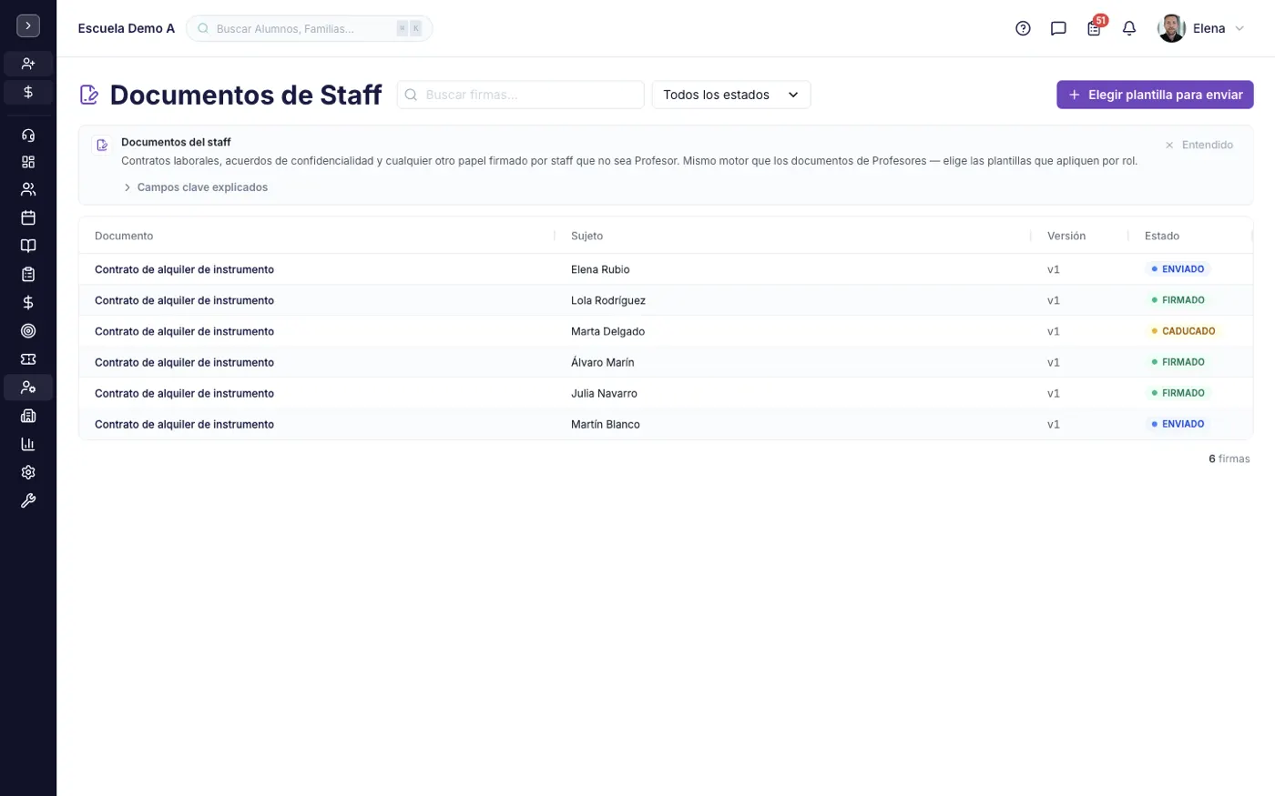La pantalla Documentos de Staff en alinaflow