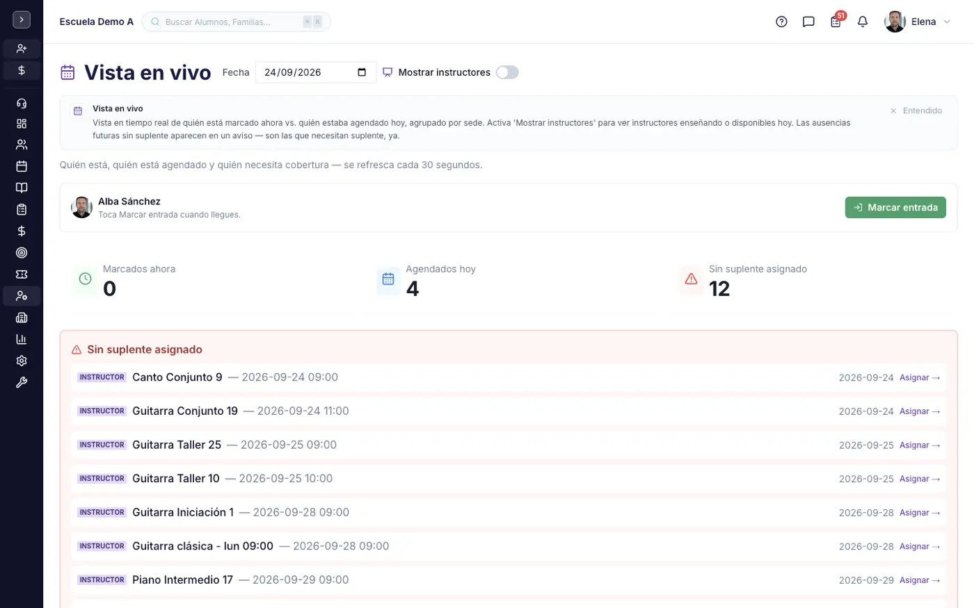 La pantalla Horarios en alinaflow