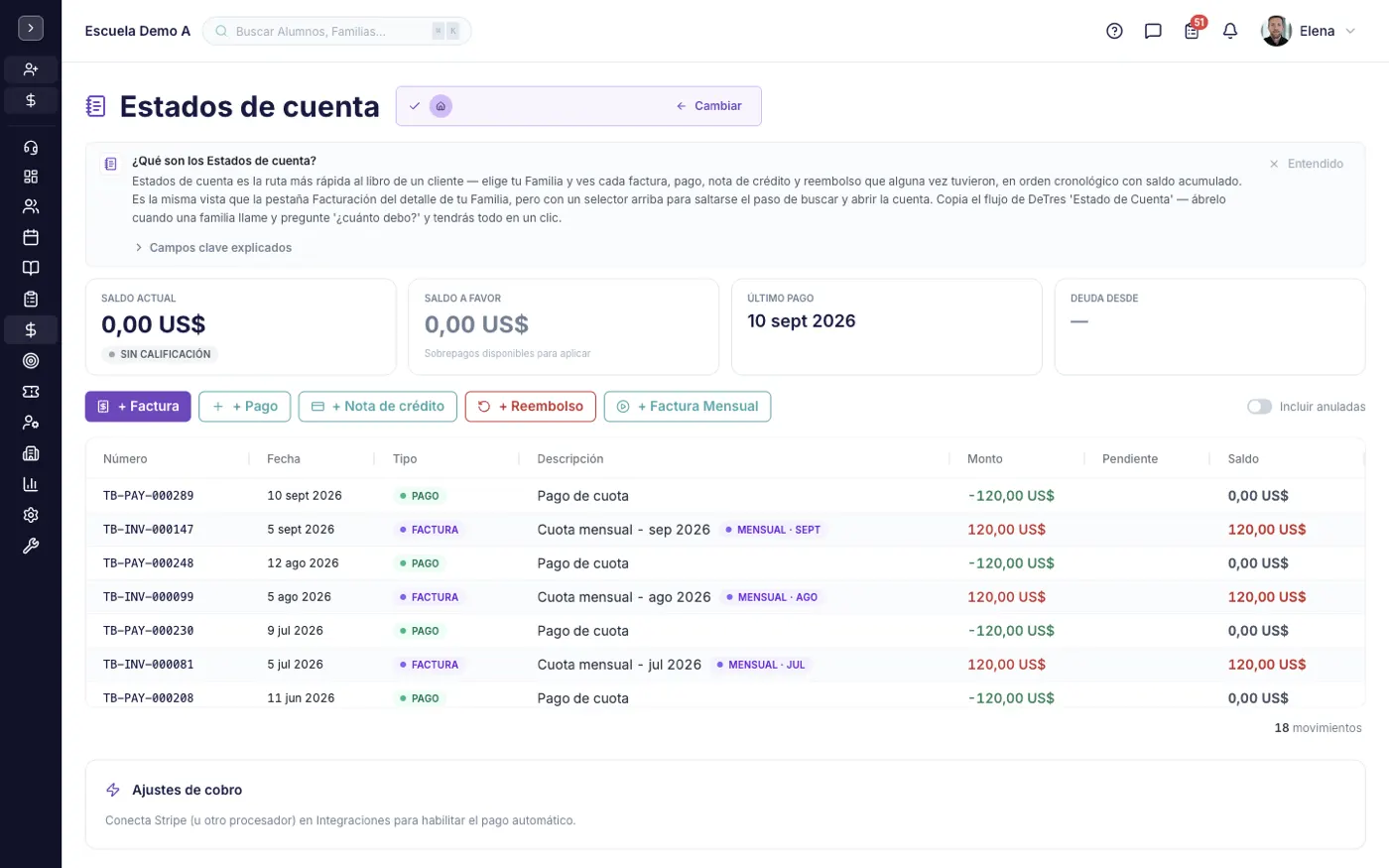La pantalla Estados de cuenta en alinaflow