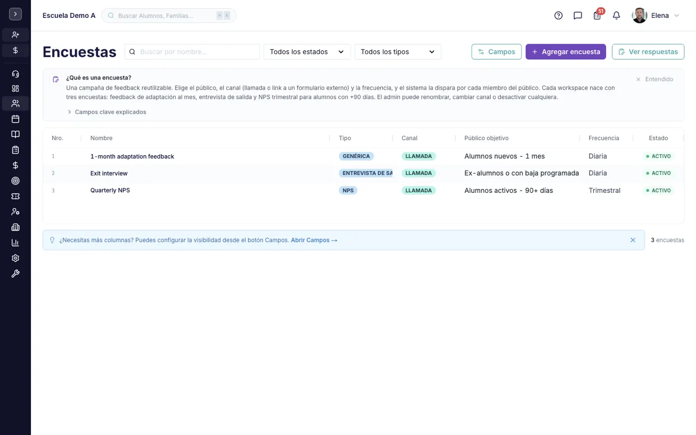 La pantalla Encuestas en alinaflow