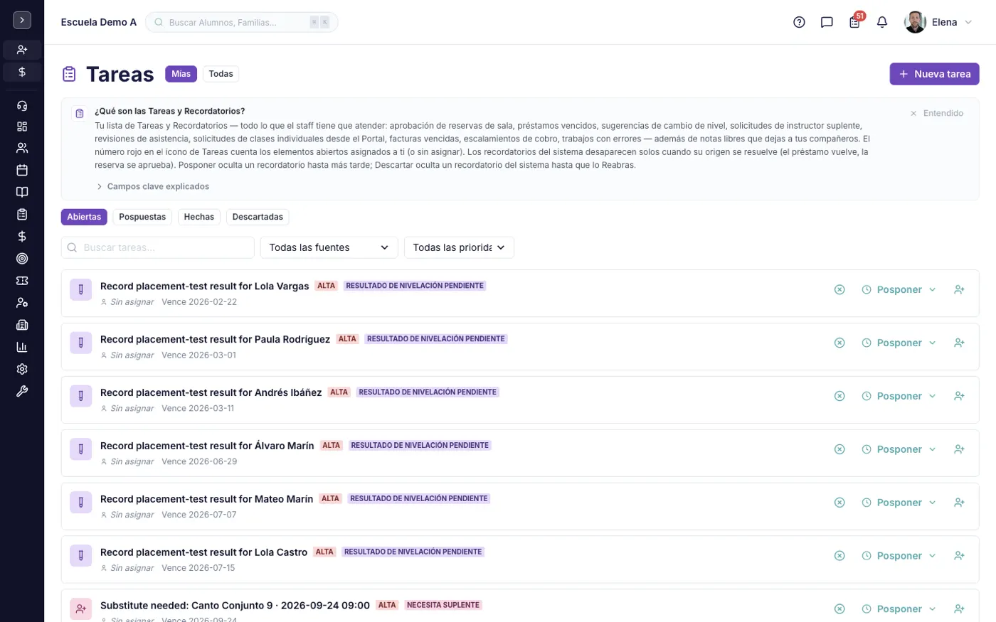 La pantalla Tareas y Recordatorios en alinaflow