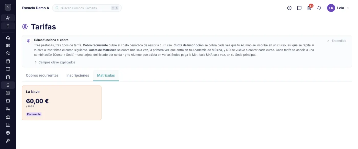 Pestaña Matrículas