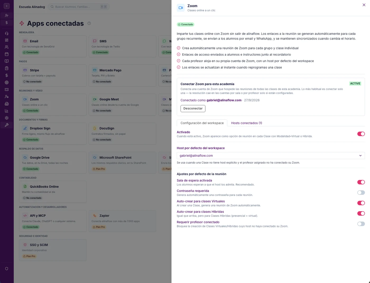 La pantalla Zoom, Google Meet, Microsoft Teams en alinaflow