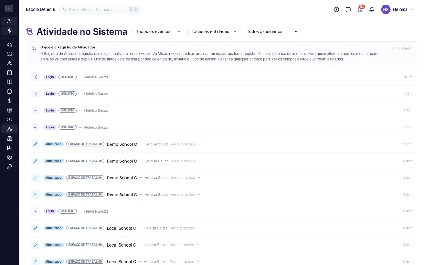 A tela Atividade no Sistema no alinaflow