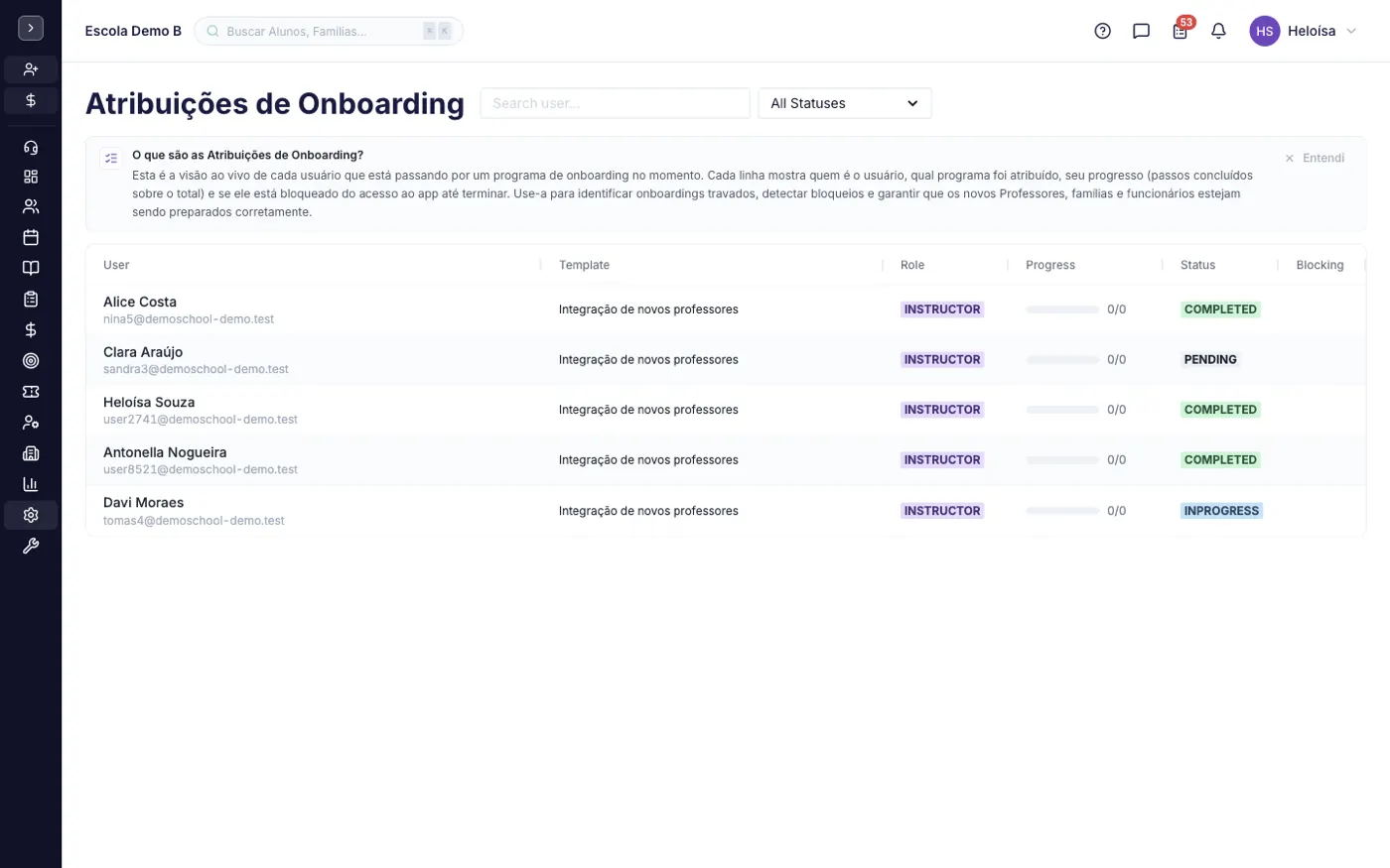 A tela Atribuições de Onboarding no alinaflow