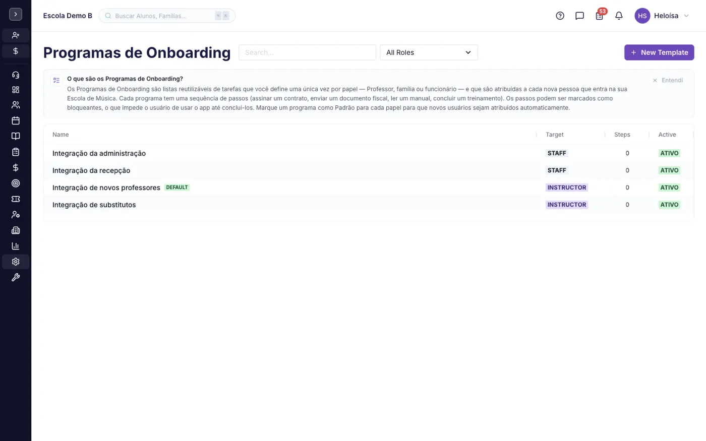 A tela Programas de Onboarding no alinaflow