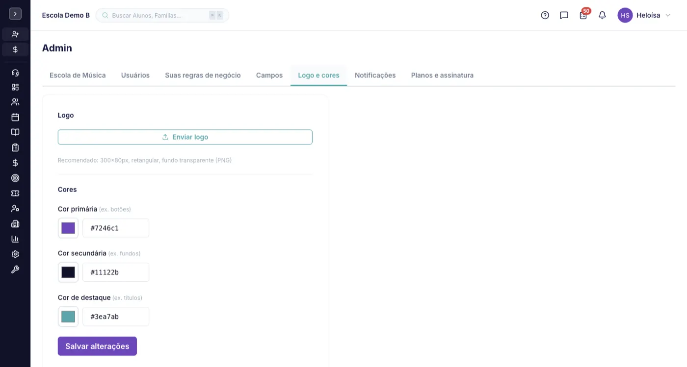 A tela Logo e cores no alinaflow
