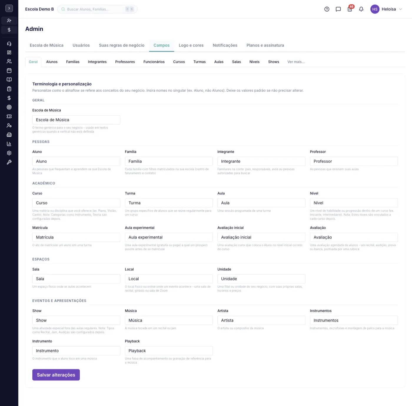 A tela Fields & terminology no alinaflow