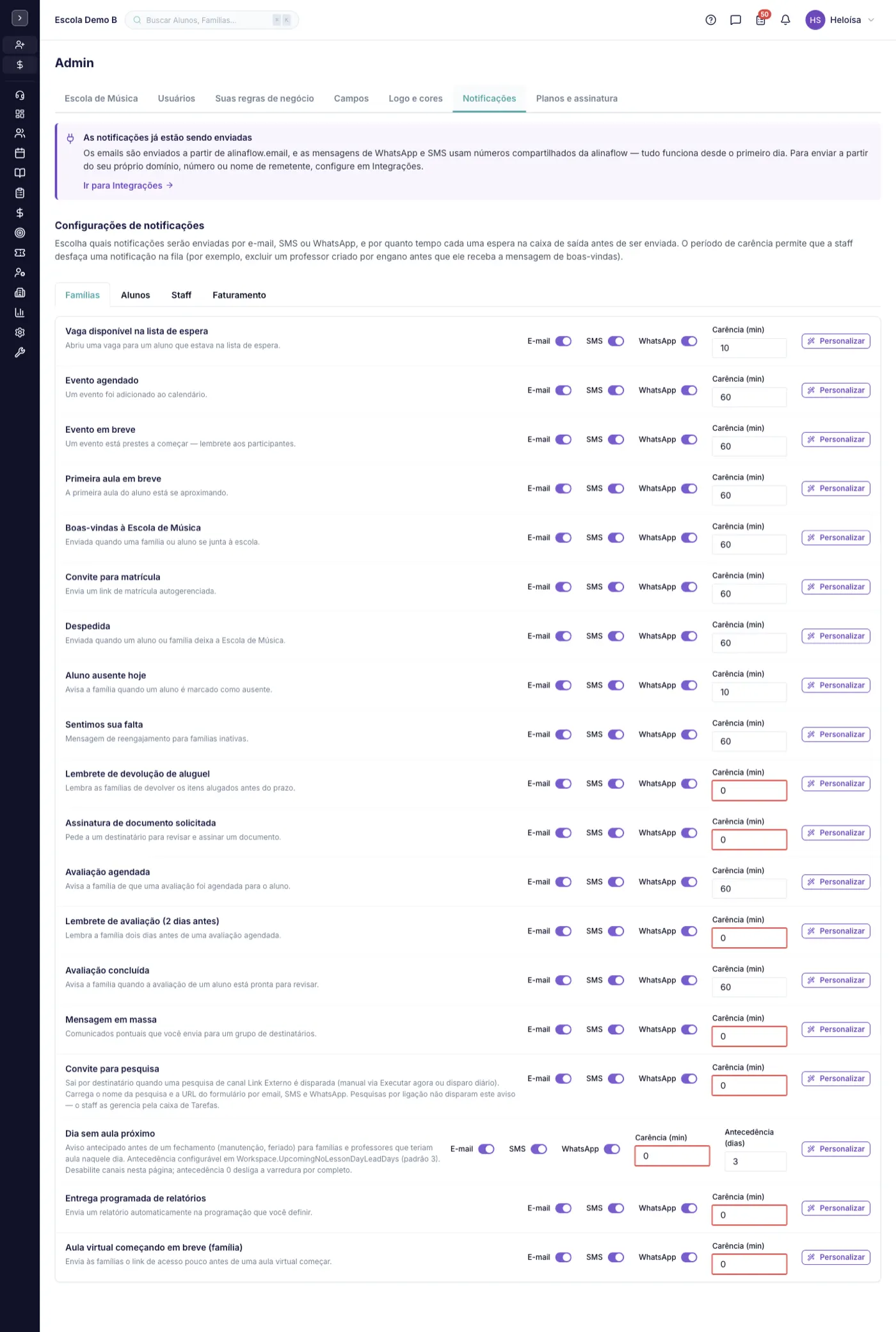 A tela Notificações no alinaflow