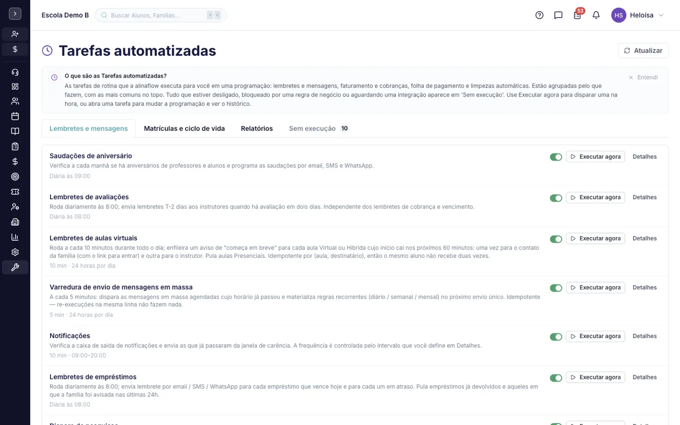 A tela Tarefas Automatizadas no alinaflow