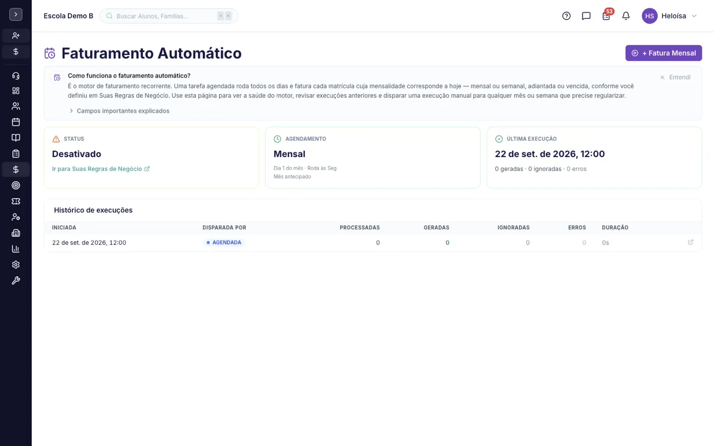 A tela Faturamento Automático no alinaflow
