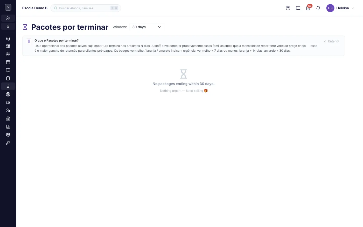 A tela Pacotes por terminar no alinaflow