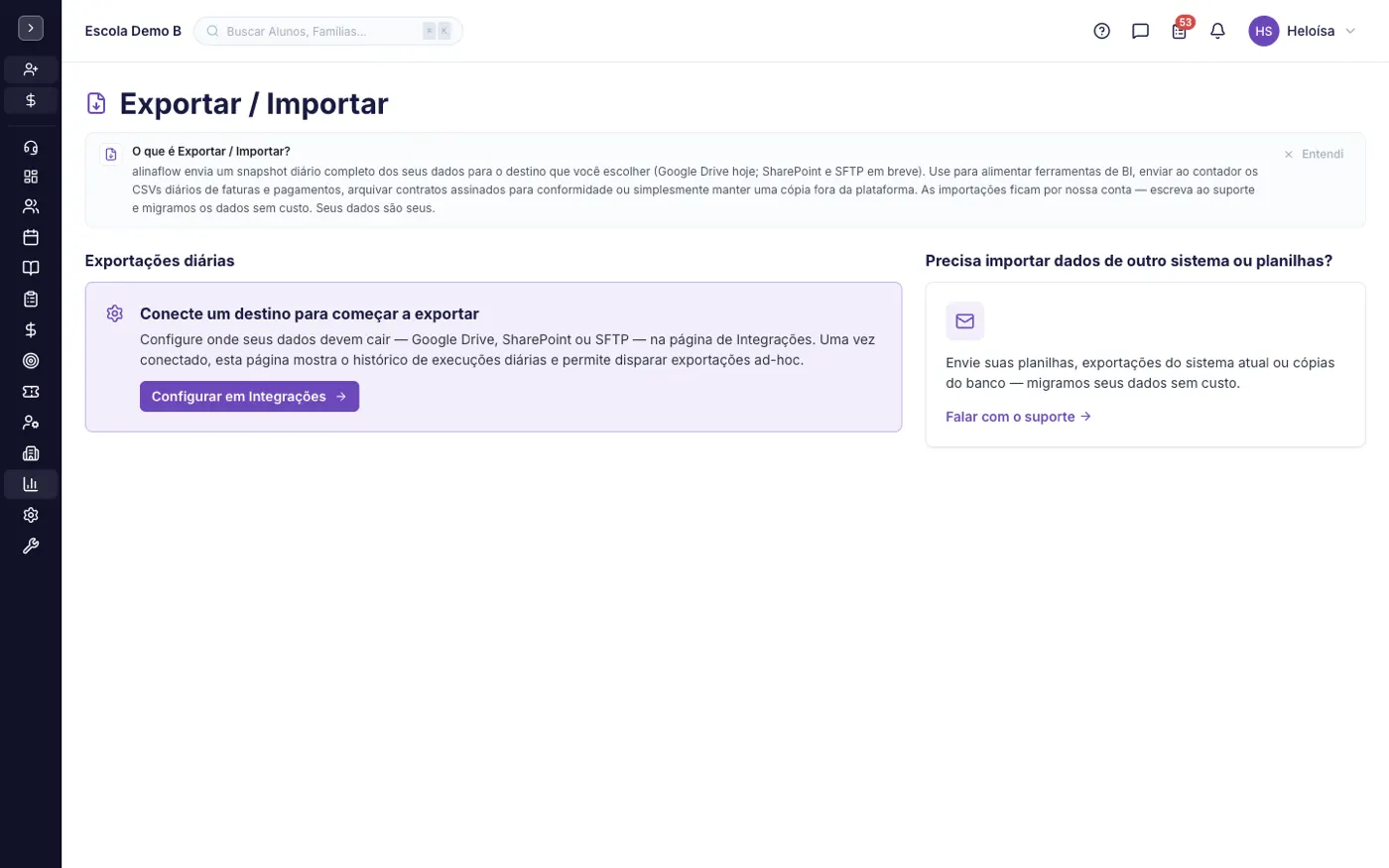 A tela Exportar / Importar dados no alinaflow