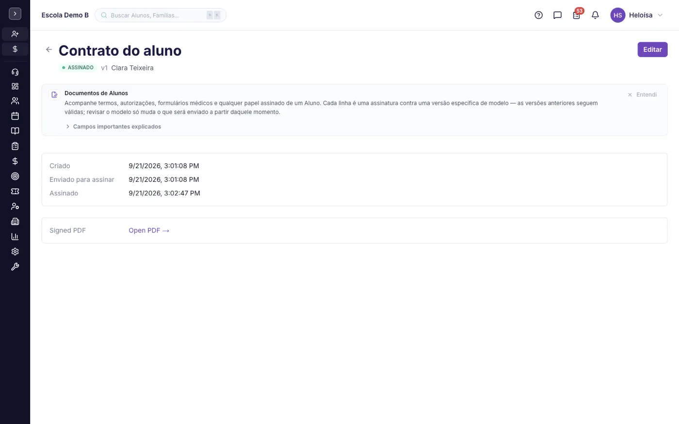 A tela Assinaturas de documentos no alinaflow