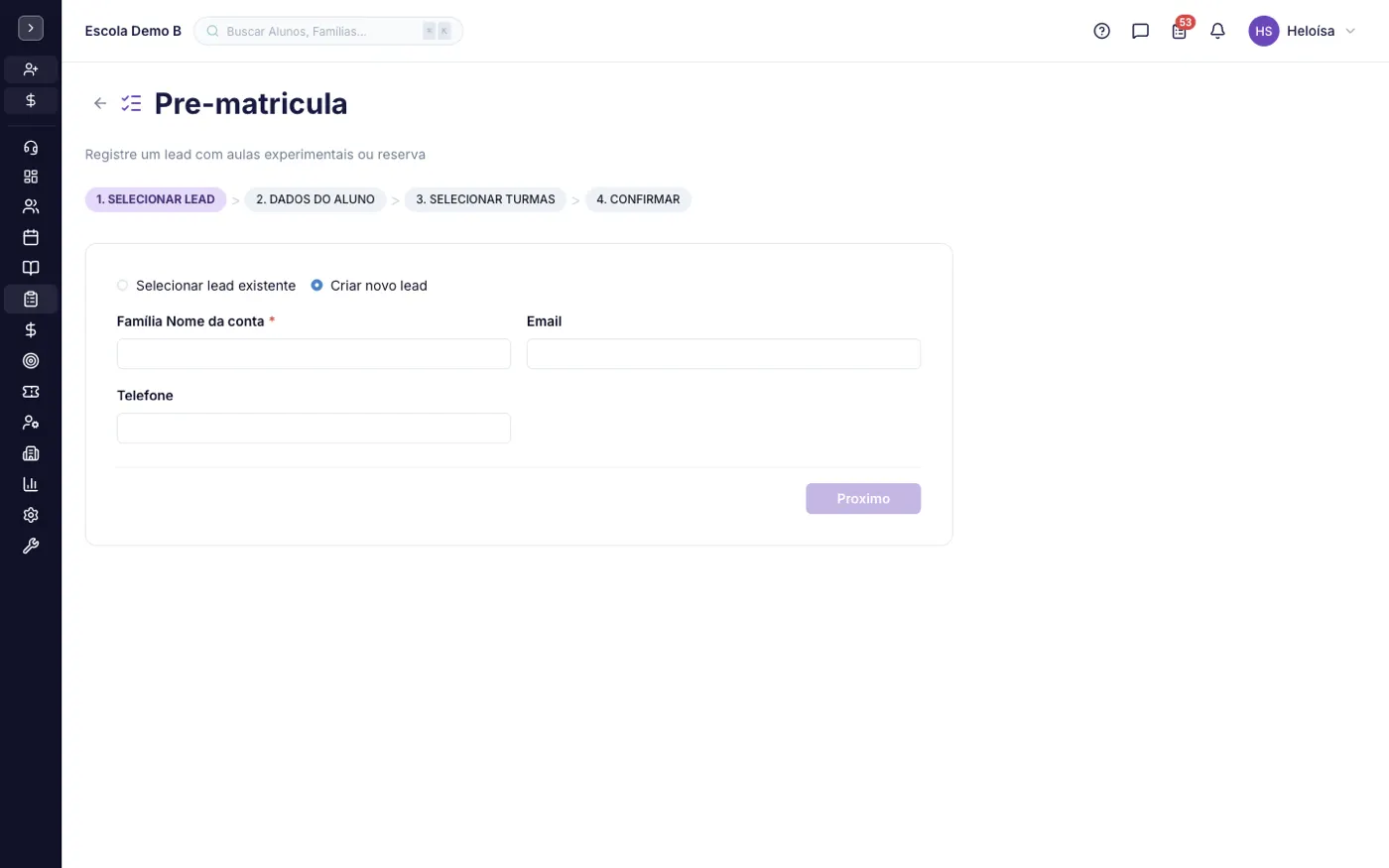 A tela Pré-matrículas no alinaflow