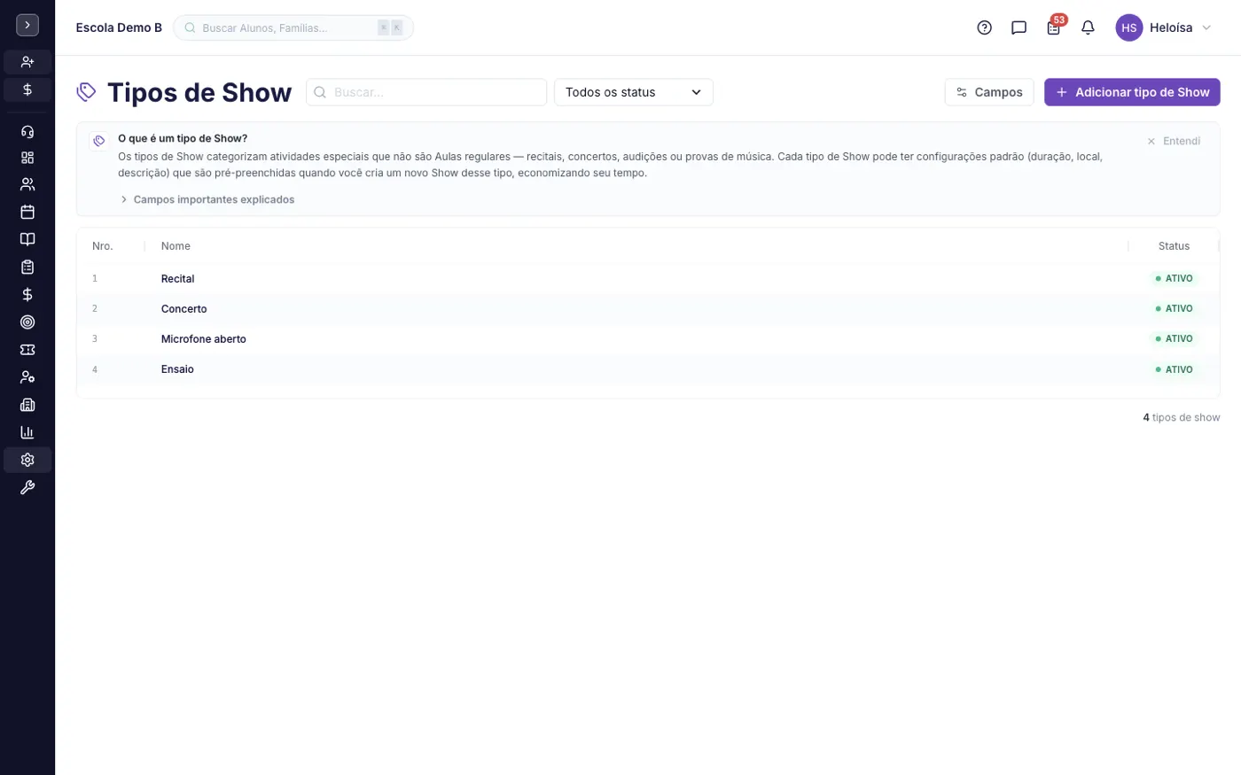 A tela Tipos de Show no alinaflow