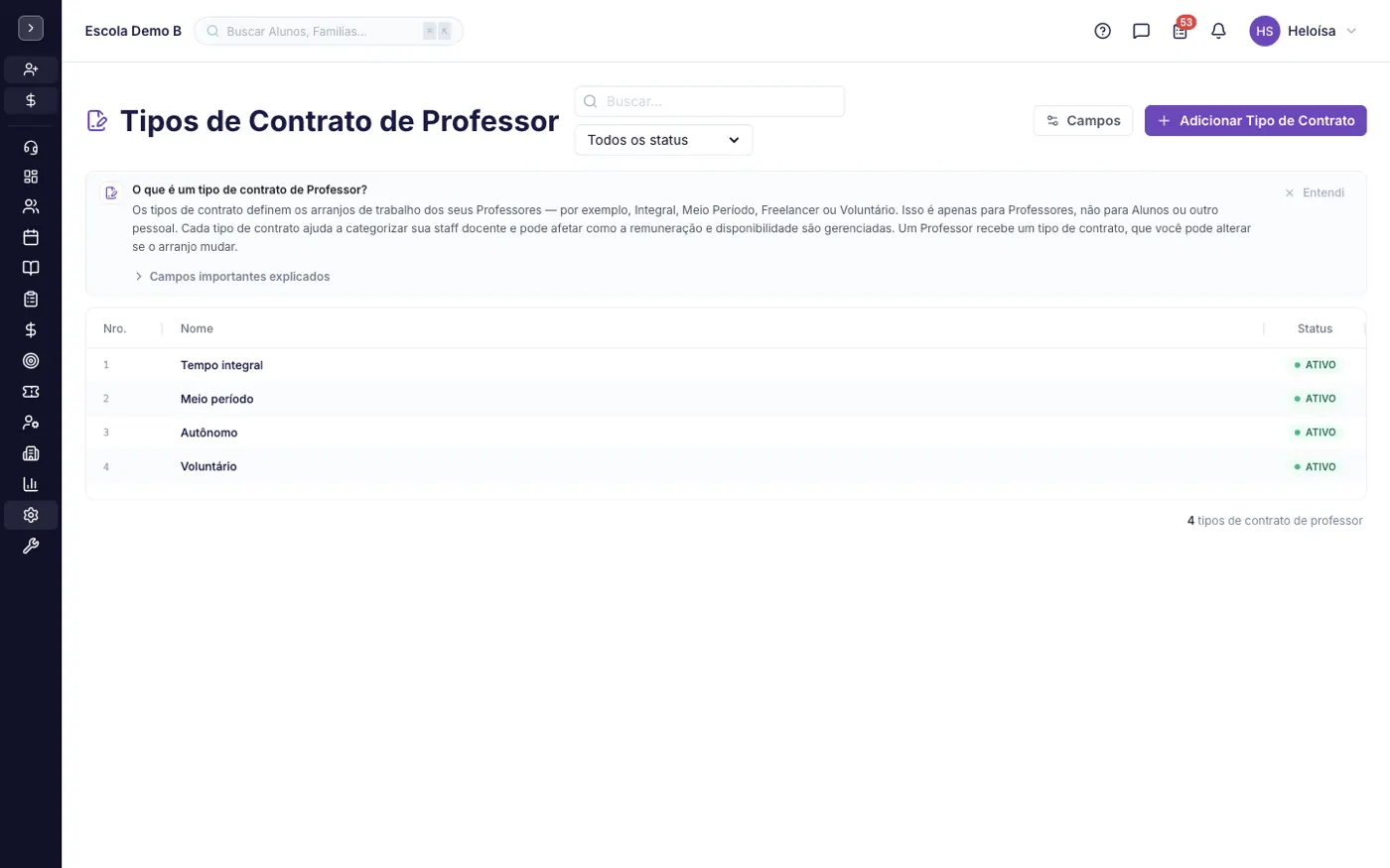 A tela Tipos de Contrato no alinaflow