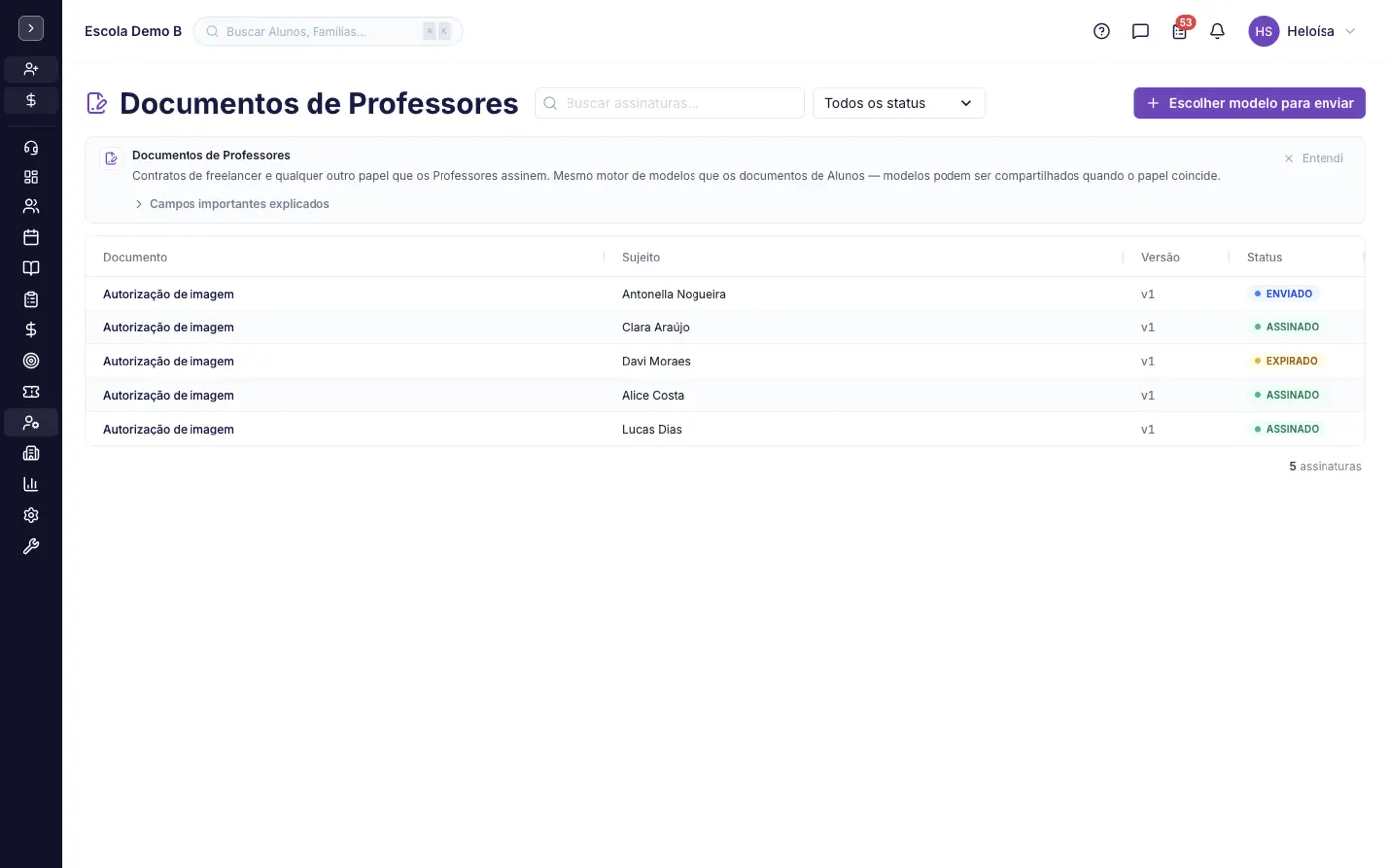 A tela Documentos de Professores no alinaflow