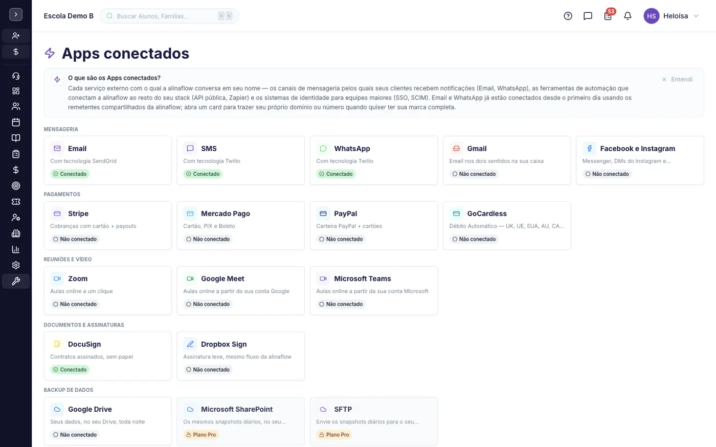 A tela Apps conectados no alinaflow