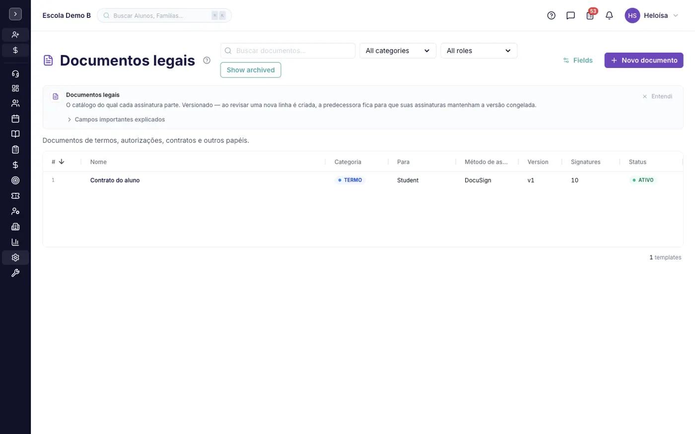 A tela Documentos Legais no alinaflow