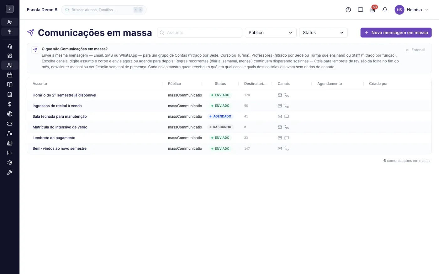 A tela Mensagens em Massa no alinaflow