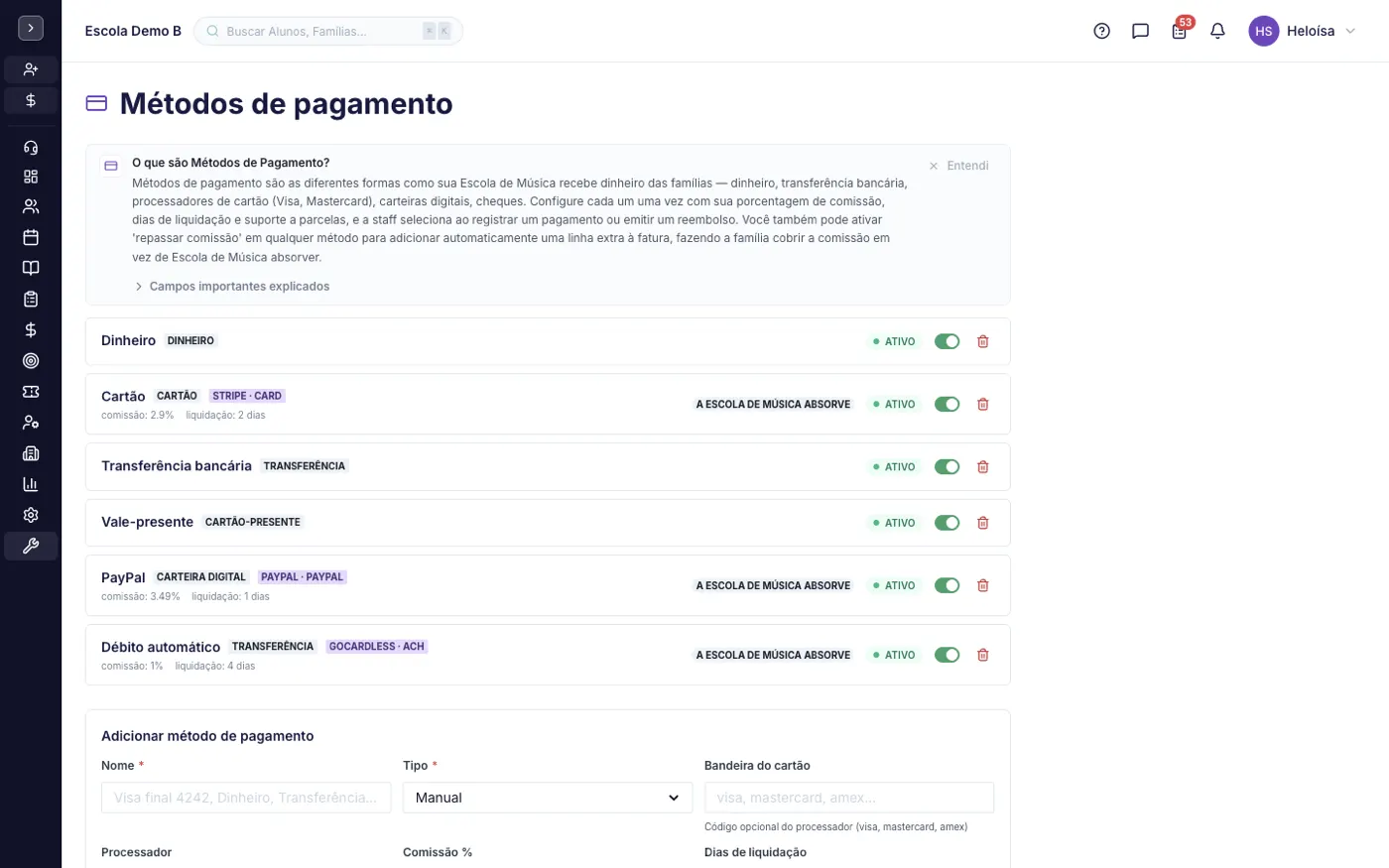 A tela Meios de Pagamento no alinaflow