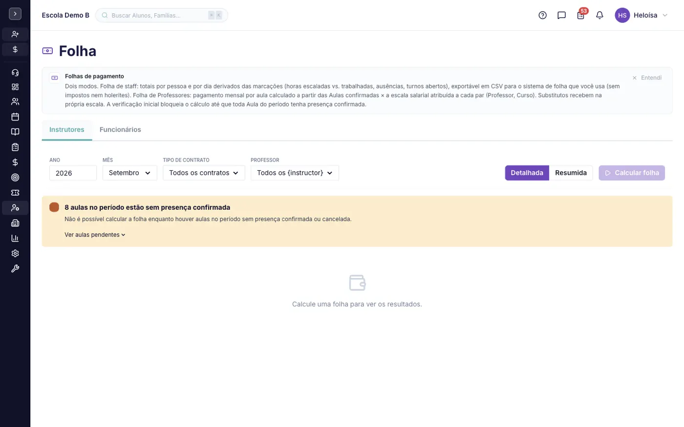 A tela Folha de Pagamento no alinaflow