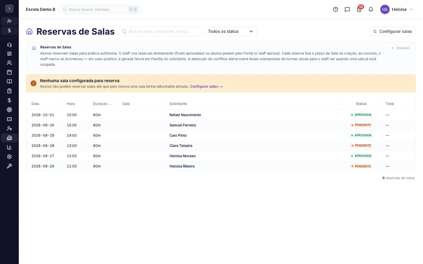A tela Reservas de Salas no alinaflow