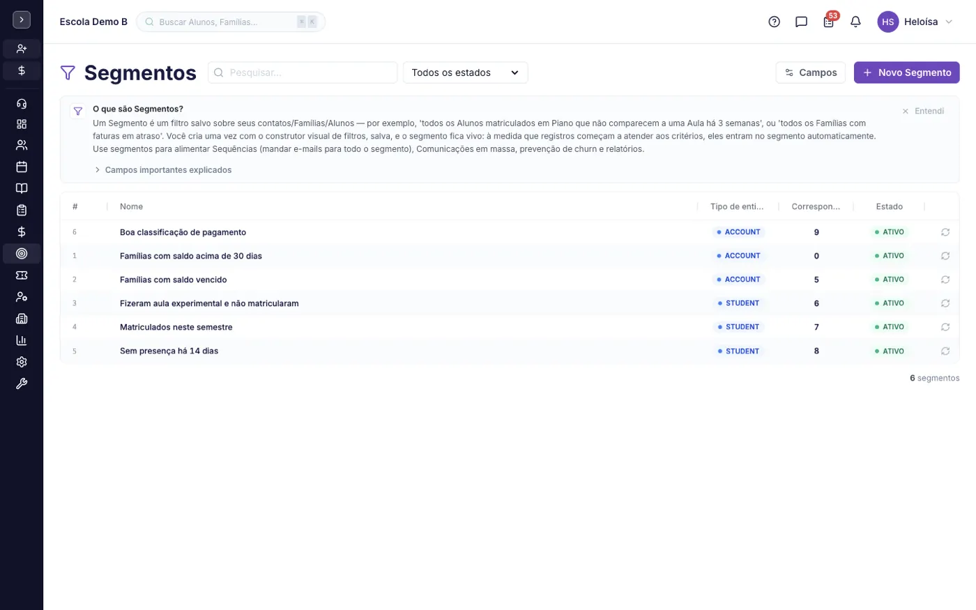 A tela Segmentos no alinaflow