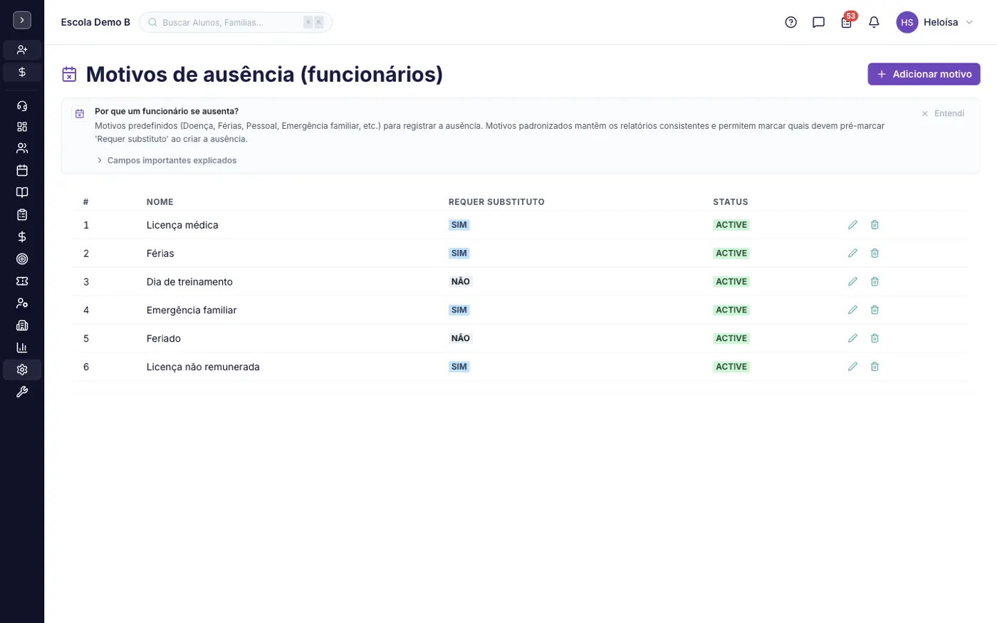 A tela Motivos de ausência (funcionários) no alinaflow