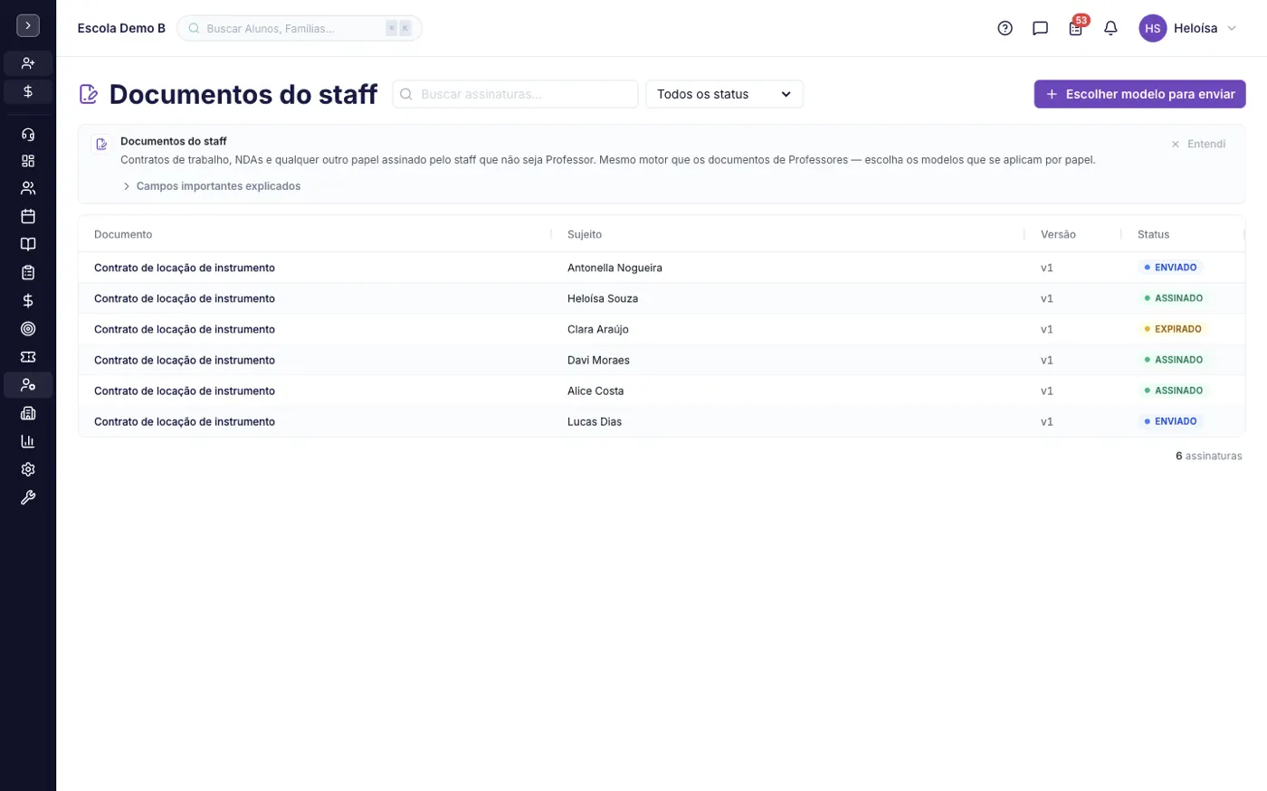 A tela Documentos de Staff no alinaflow