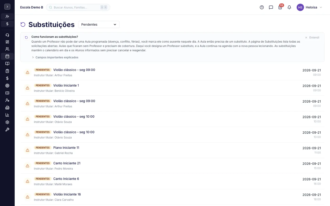 A tela Substituições no alinaflow