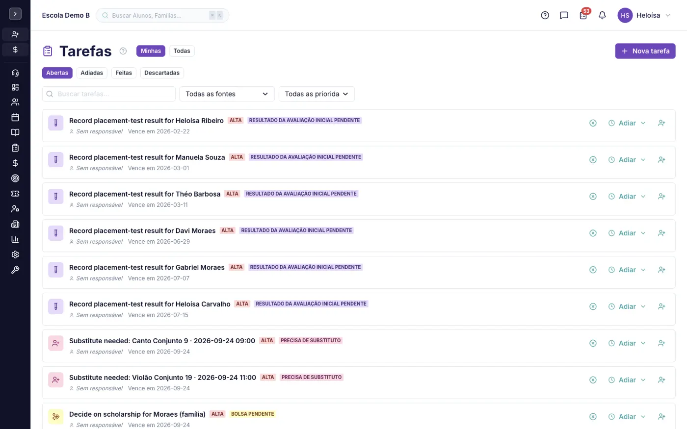 A tela Tarefas e Lembretes no alinaflow